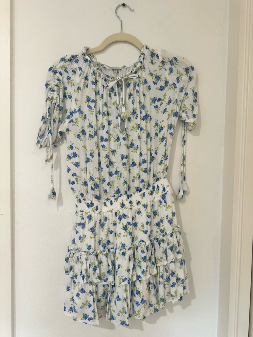 White Floral Tie-Sleeve Mini Dress with Blue and Green Print